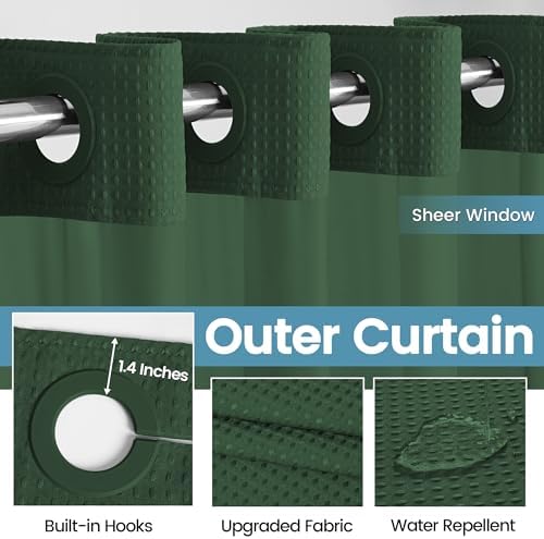 Heavyweight Waffle No Hook Shower Curtain with Liner, 71x74, Dark Green