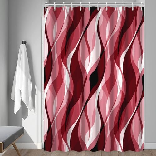 Red Striped Shower Curtain with Hooks for Bathroom 72x72 Inch