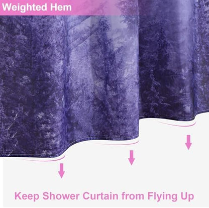 ORTIGIA Purple Misty Forest Shower Curtain for Bathroom, Nature Woodland Shower Curtain Set with Hooks, Decorative Pine Tree Fog Magic Bath Curtain for Home, Waterproof Fabric, Weighted, 72x72