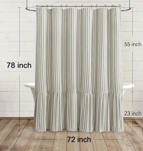 Farmhouse Shower Curtain Ruffle Linen Cream-Green Stripe 72"W x 78"L