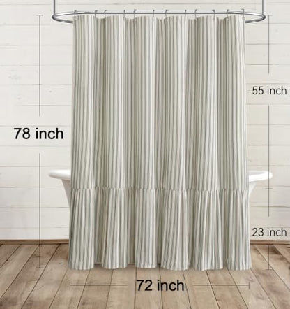 Farmhouse Shower Curtain Ruffle Linen Cream-Green Stripe 72"W x 78"L