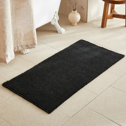 TYUU Black Waffle Bath Mat, Boho Bathroom Rugs Non Slip Washable, 48x24