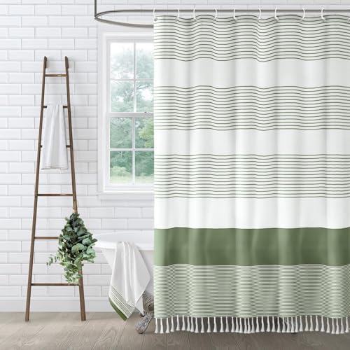 Sage Green Boho Cotton Striped Shower Curtain with Tassel 72"W X 72"L