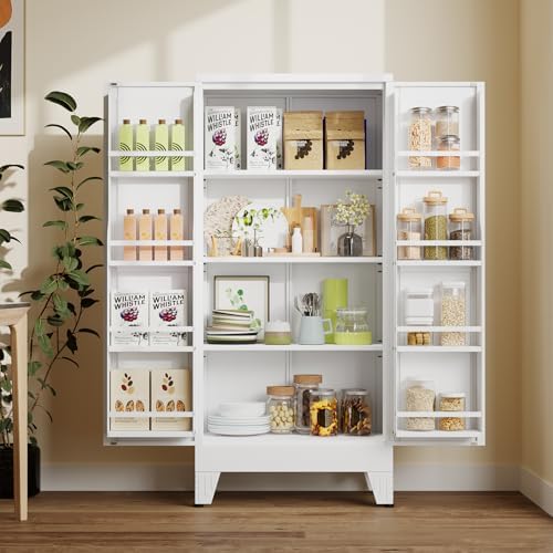 winiowa Metal Kitchen Pantry Storage Cabinet, Pantry Cabinet with Doors and Adjustable Shelves, Steel Storage Cabinet for Kitchen, Dining Room, Living Room-White