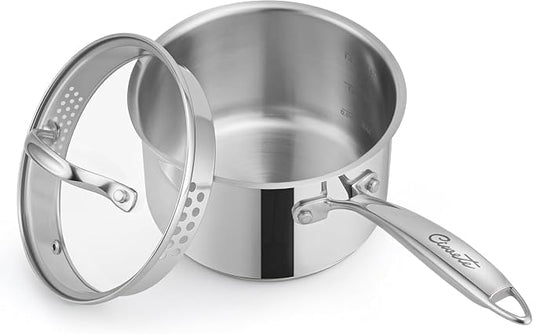 Ciwete 2 Qt Stainless Steel Saucepan with Glass Strainer Lid, 2 Quart Pot Stainless Steel Sauce Pan with Pour Spout, Mirror Polishing, Compatible with All Cooktops Dishwasher Safe Oven Safe