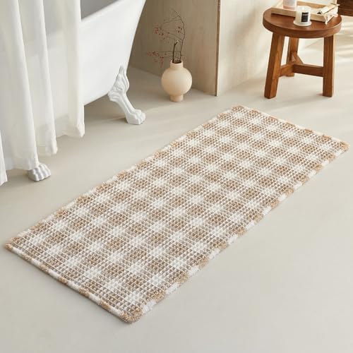 TYUU Waffle Runner Rug Bathroom, Long Boho Bath Mat, 60x24 Khaki & White