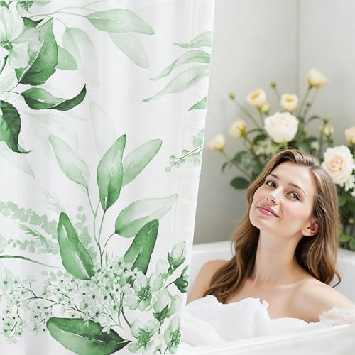16 PCS Floral Shower Curtain Set with Rugs and 12 Hooks,Sage Green,72 x 72"