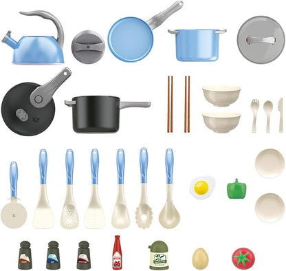 Bruvoalon 32Pcs Kids Play Kitchen Toys Set, Toddlers Pretend Cooking Playset Acccessories with Pots Pans, Utensils Cookware, Foods, Canned Veges, Learning Gift for Kids Girls Boys (Blue)