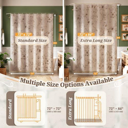 Vintage Beige Floral Shower Curtain with 12 Clear Rings - 72" W x 72" L