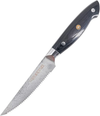 Ketuo Professional Chef Knife Damascus Carbon Steel with Laser Pattern Blade and Black Pakka Wood (4.5 Inch Steak Knife)
