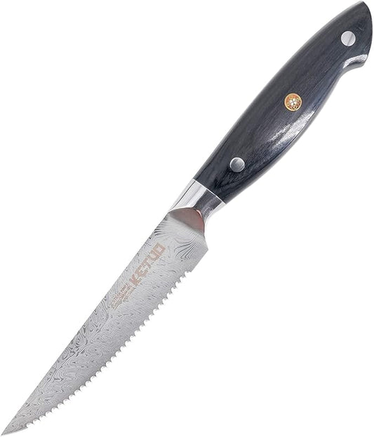Ketuo Professional Chef Knife Damascus Carbon Steel with Laser Pattern Blade and Black Pakka Wood (4.5 Inch Steak Knife)