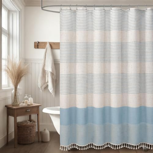 Aqua Blue Coastal Ocean Linen Striped Shower Curtain with Tassel 72W X 72L