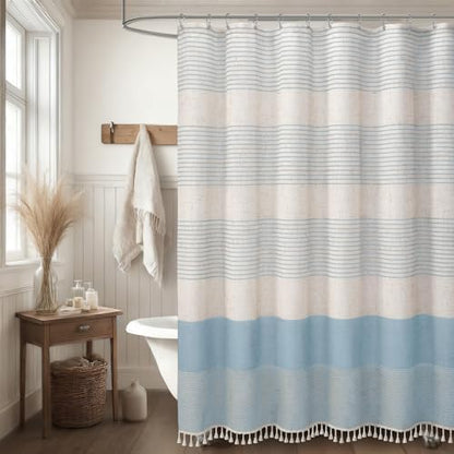 Aqua Blue Coastal Ocean Linen Striped Shower Curtain with Tassel 72W X 72L