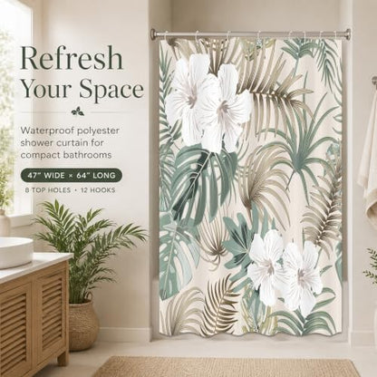 Tropical Shower Curtain for Bathroom, Green Palm Tree Flower Plant Boho Leaf Banana Monstera Sage Beige Shower Curtains Set, Fabric Bathroom Accessories with Hooks 47x64 Inch