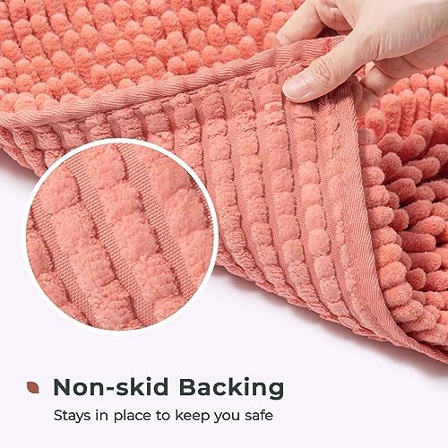 FRESHMINT Chenille Bathroom Rugs Mat 32”x20”, Non-Slip Bath Mat for Bathroom Floor & Bathtub, Washable Soft Shower Shag Bath Rugs, Durable Fluffy Thick Water Absorbent Microfiber Shower Mat, Coral