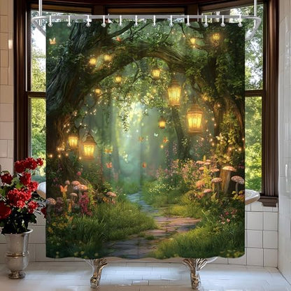 Fantasy Forest Path Shower Curtain Fairy Magical Enchanted Misty Jungle Mushroom Floral Tree Butterfly Lantern Wonderland Plant Bath Curtain Fabric Bathroom Accessories Decor with Hooks 90W x70L