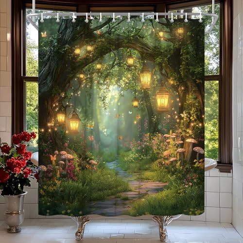 Fantasy Forest Path Shower Curtain Fairy Magical Enchanted Misty Jungle Mushroom Floral Tree Butterfly Lantern Wonderland Plant Bath Curtain Fabric Bathroom Accessories Decor with Hooks 84W x70L