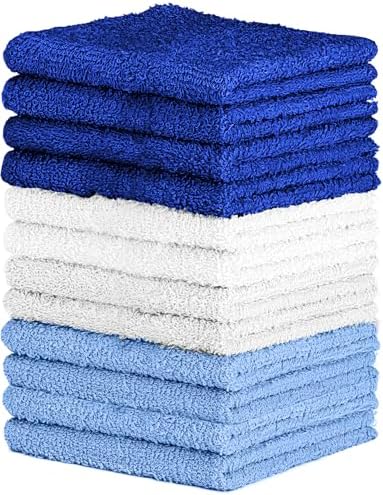 QUBA LINEN 100% Cotton Washcloth Set – Soft, Absorbent Face Towels for Bathroom & Gym Use – Durable & Reusable Wash Cloths - (Blue, White and Navy (12x12), (Pack of 12)