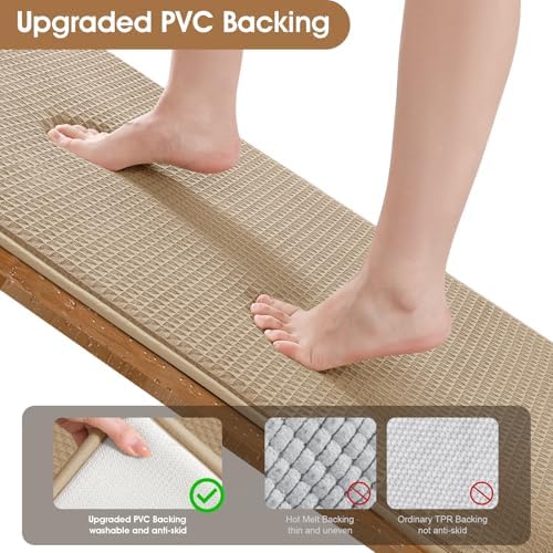 ACCUMTEK Memory Foam Bath Mat Set 3 Piece, Ultra Soft Absorbent Waffle Bathroom Rugs, Super Non-Slip PVC Backing Bath Rug Quick Dry, Machine Washable Rug for Tub, Shower, Home Decor Accessory, Beige