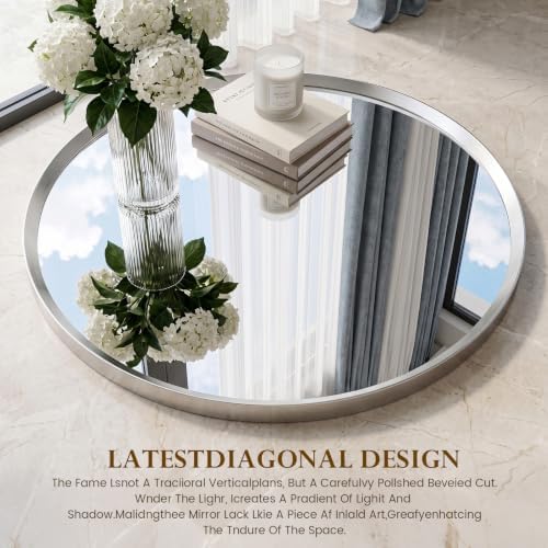 36 inch Brushed Nickel Round Mirror,Large Sliver Circle Mirror