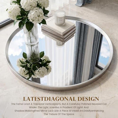 24 inch Brushed Nickel Round Bathroom Mirror,Sliver Circle Mirror