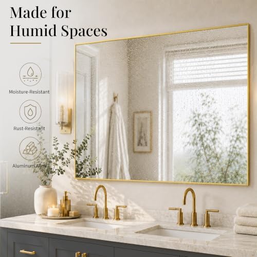 48"x36" Brushed Gold Large Framed Bathroom Vanity Wall Mirror
