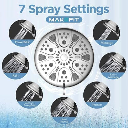 MakeFit Filtered Shower Head with Upgraded Activated Carbon Filter - High Pressure Shower Head with Hard Water Softener - 7 Settings Bathroom Rain Showerhead to Remove Chlorine and Heavy Metals