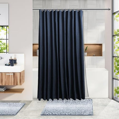 Clara Clark Bathroom Accessories Set - 27PC Bathroom Set with Adhesive Corner Shower Caddy Hanging, Bathroom Sets with Shower Curtain and Rugs, Ombre Navy Shower Curtain Set with Bathroom Trash Can
