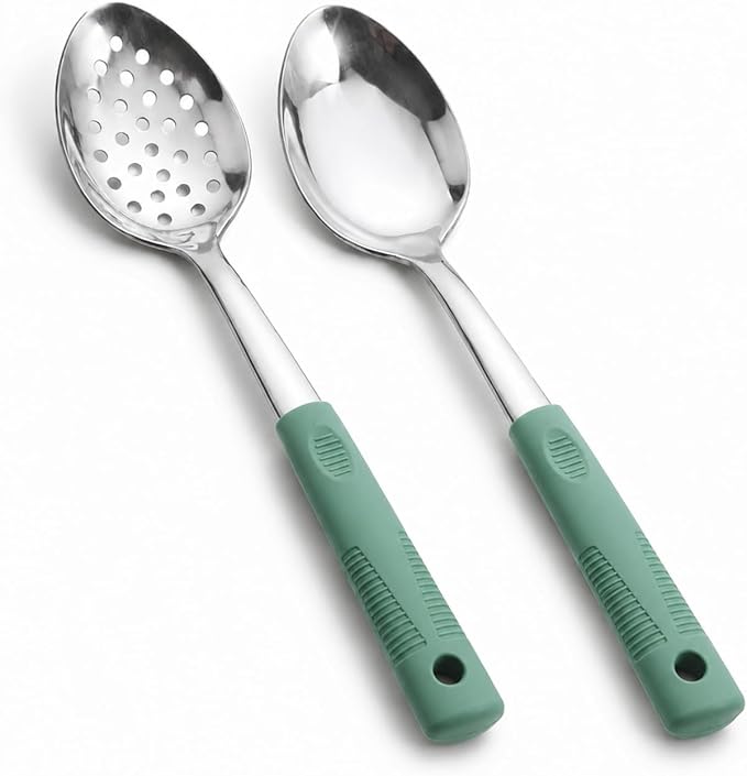 Metal Serving Spoons Set,Large Spoons for Cooking with Silicone Handles, Big Spoons for Cooking, Stainless Steel Serving Spoon, Slotted Spoon & Soup Ladle Set for Buffet and Home Kitchen