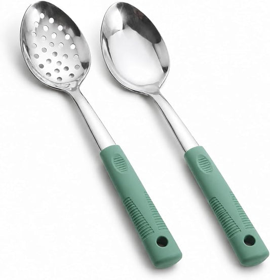 Metal Serving Spoons Set,Large Spoons for Cooking with Silicone Handles, Big Spoons for Cooking, Stainless Steel Serving Spoon, Slotted Spoon & Soup Ladle Set for Buffet and Home Kitchen