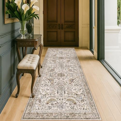 Hazo Haus Boho Moss 2'6"x10' Long Hallway Runner Rug - Vintage Floral Runner Rug for Kitchen Floor, Hallway, Laundry Room, Bedroom, Entrance, Washable Non Slip Low Pile
