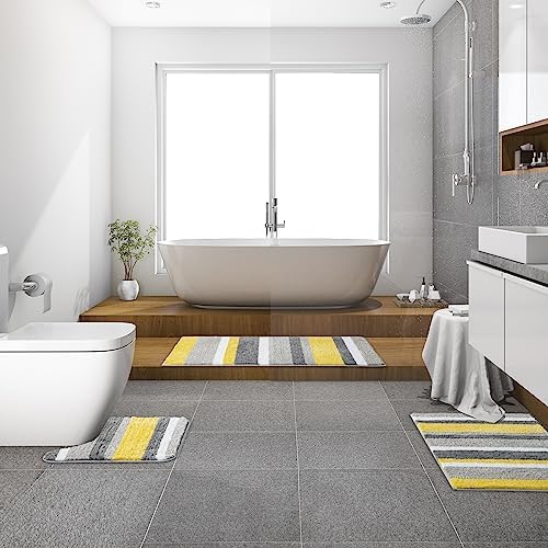 MIULEE Yellow Grey Runner Bathroom Rug 24x60 Inch, Long Soft Thick Microfiber Striped Bath Mat, Non Slip Fluffy Plush Machine Washable Quick Dry for Bathroom Decor, Floor Tub and Shower