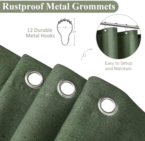 Naturoom Linen Shower Curtain 84 Inch Long for Bathroom Olive Green 1 Panel