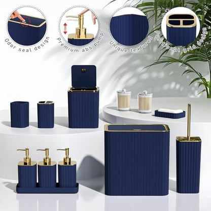 Bathroom Accessory Set - Bathroom Set, 12PC Bathroom Accessories Set, Navy Blue Bathroom Accessories Set, Mini Trash Can, Toilet Brush, Trash Can & Soap Dispenser