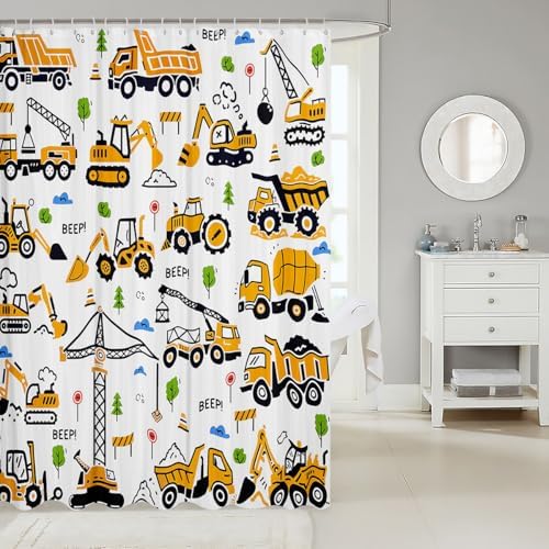 Feelyou Construction Truck Shower Curtain Kids Boys Cartoon Excavator Vehicle Tractor Cars Bathroom Waterproof Accessories with 12 Hooks 72x84 Inches Machinery Equipment Yellow Decor
