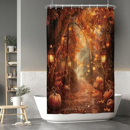 Fall Pumpkins Shower Curtain，Halloween Autumn Thanksgiving Harvest Forest Rural Trail Bathroom Decor，48 x 72 Inch Polyester Fabric Waterproof Bathroom Curtain with Hooks