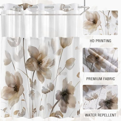 No Hook Shower Curtain and Liner Set, Brown Boho Floral 71x77