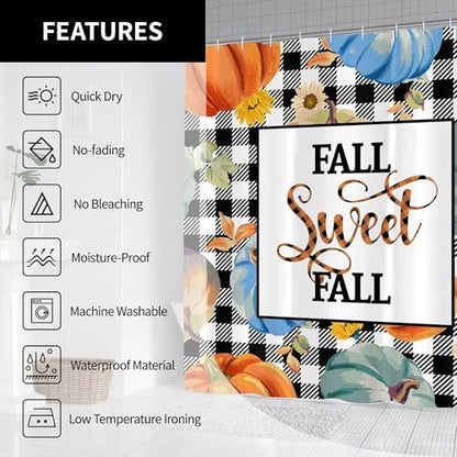 Fall Pumpkin Harvest Autumn Shower Curtain for Bathroom 72W*72H Inch Thanksgiving Rustic Black White Buffalo Plaid Maple Bathtub Autumnal Decor Waterproof Polyester Fabric Set with 12 Hooks