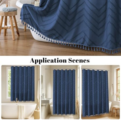 OWENIE Boho Shower Curtain, Dusty Blue Fabric Cloth Shower Curtains Farmhouse Tufted Chevron Striped Textured with Tassel for Bathroom, Soft Hotel Style Modern Minimalist, Machine Washable, 72x72