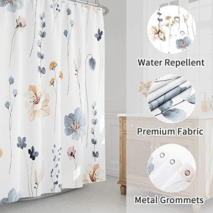 Gibelle Blue Beige Watercolor Floral Fabric Shower Curtain, 72x78