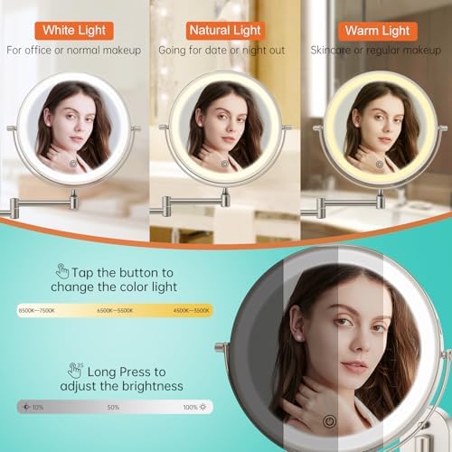 5000mAh Rechargeable Wall Mounted Lighted Makeup Vanity Mirror1X/30X Nickel