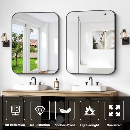 Bathroom Mirror, 30 x 24 inch Metal Framed Black Rectangle Mirror, Rounded Corner Rectangular Vanity Mirror, Wall Mounted Mirror for Modern Bedroom Living Room Hangs Horizontal or Vertical