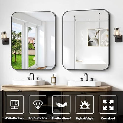 Bathroom Mirror, 30 x 24 inch Metal Framed Black Rectangle Mirror, Rounded Corner Rectangular Vanity Mirror, Wall Mounted Mirror for Modern Bedroom Living Room Hangs Horizontal or Vertical
