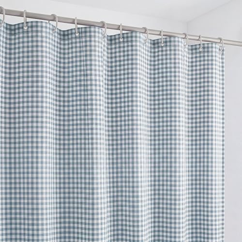 HunnmingRe Ruffle Hem Gingham Shower Curtain Dust Blue