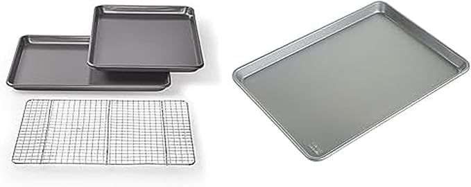 Chicago Metallic Professional Non-Stick Cookie/Jelly-Roll Pan Set with Cooling Rack, 17-Inch-by-12.25-Inch and Chicago Metallic Commercial II Traditional Uncoated 16-3/4 by 12-Inch Jelly-Roll Pan