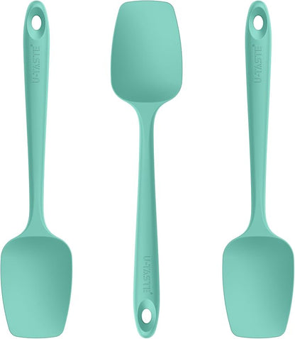 U-Taste Silicone Spoon Spatula Set: 480ºF Heat Resistant Food Grade Flexible Rubber Spoonula, Nonstick Cooking Mixing Scooping Kitchen Baking Scraper Utensils Set of 3 for Pan, Pot, Bowl (Aqua Sky)