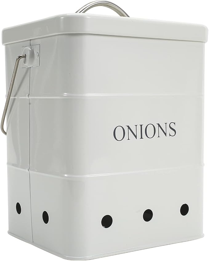 Onion Storage Bin, Metal Storage Tin with Aerating Holes - Kitchen Pantry Organizer, Fresh Keeper (White)