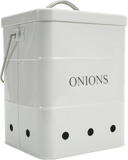 Onion Storage Bin, Metal Storage Tin with Aerating Holes - Kitchen Pantry Organizer, Fresh Keeper (White)
