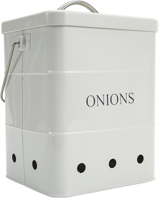 Onion Storage Bin, Metal Storage Tin with Aerating Holes - Kitchen Pantry Organizer, Fresh Keeper (White)