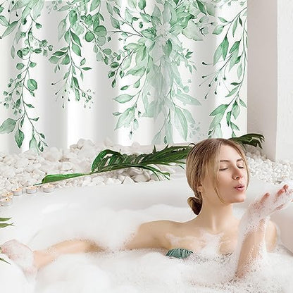 Gibelle MintGreen Eucalyptus Shower Curtain, Watercolor Floral Print, 72x78